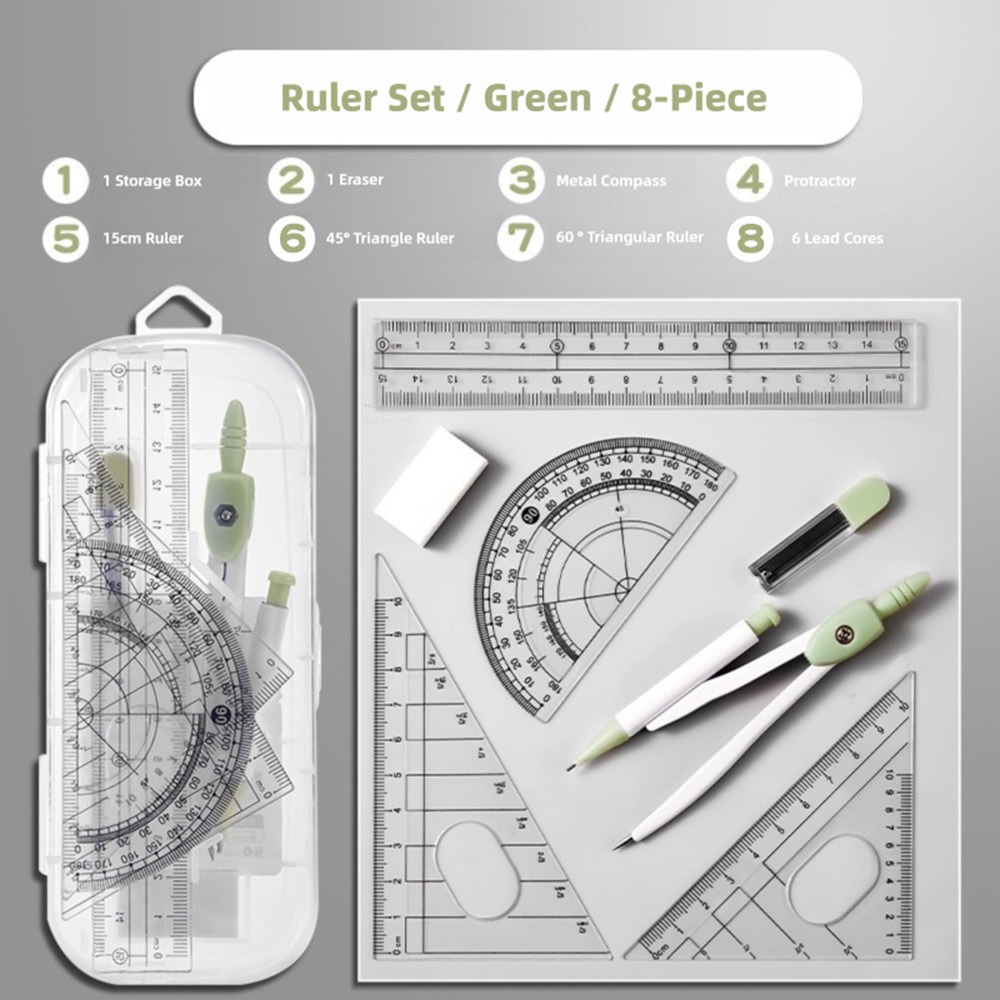 Ruler Set Transparent - 8PCS/Set Plastic Ruler Compasses Set Eraser