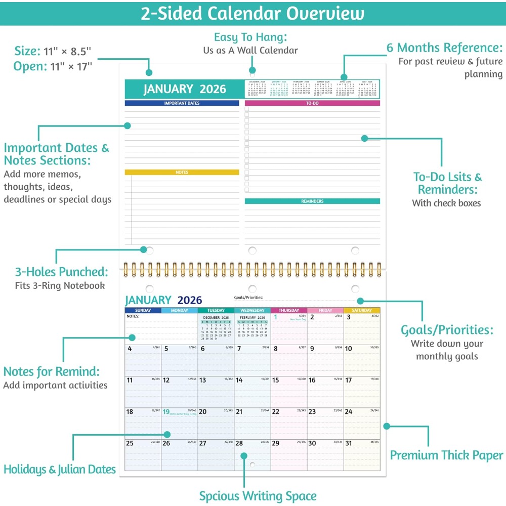 2026 Wall Calendar with Thick  - Paper Punch 3 Hole review and price