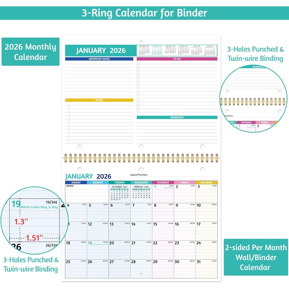 2026 Wall Calendar with Thick  - Paper Punch 3 Hole review and price